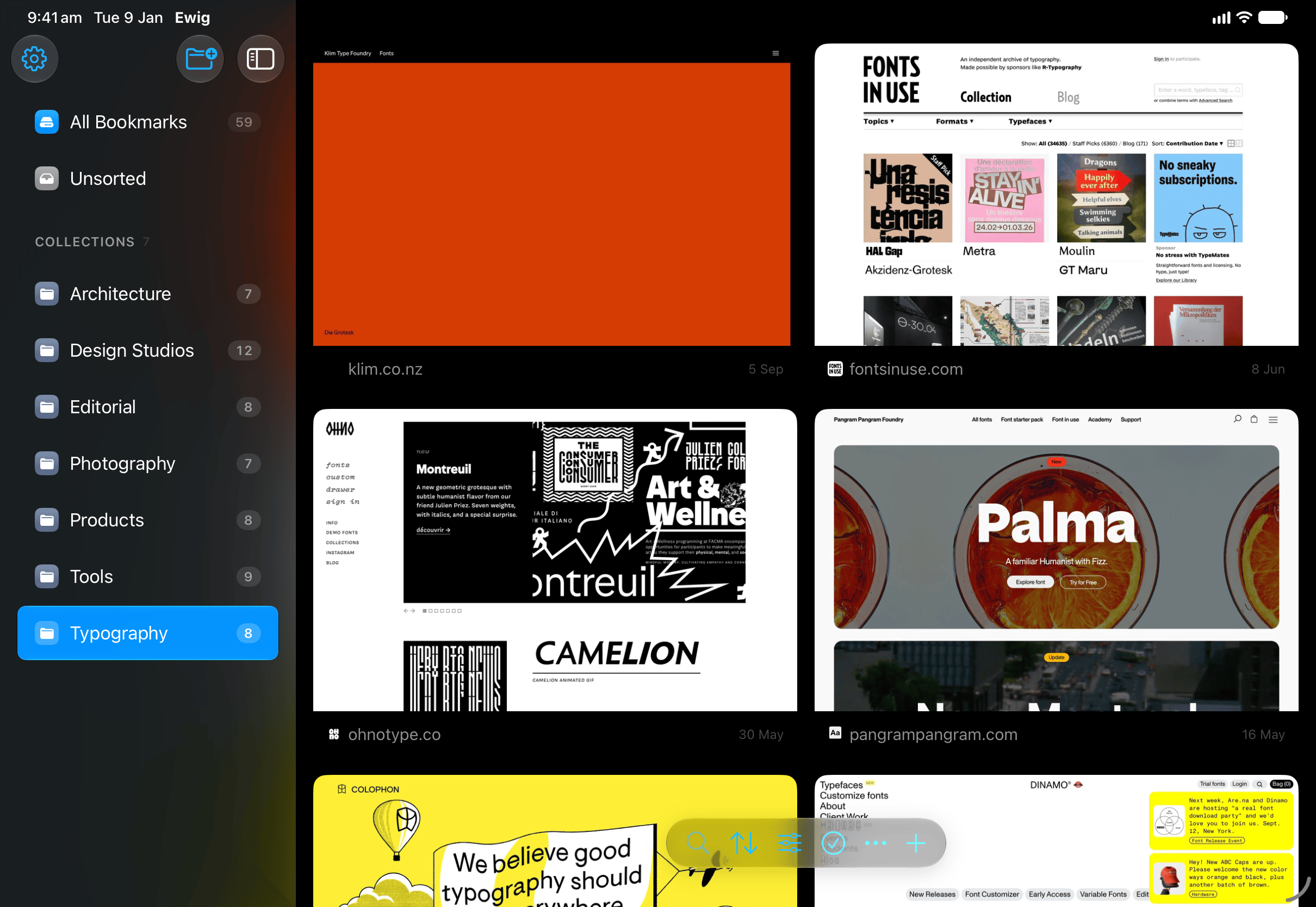 Ewig on iPad in landscape, a sidebar of collections beside a grid of saved pages