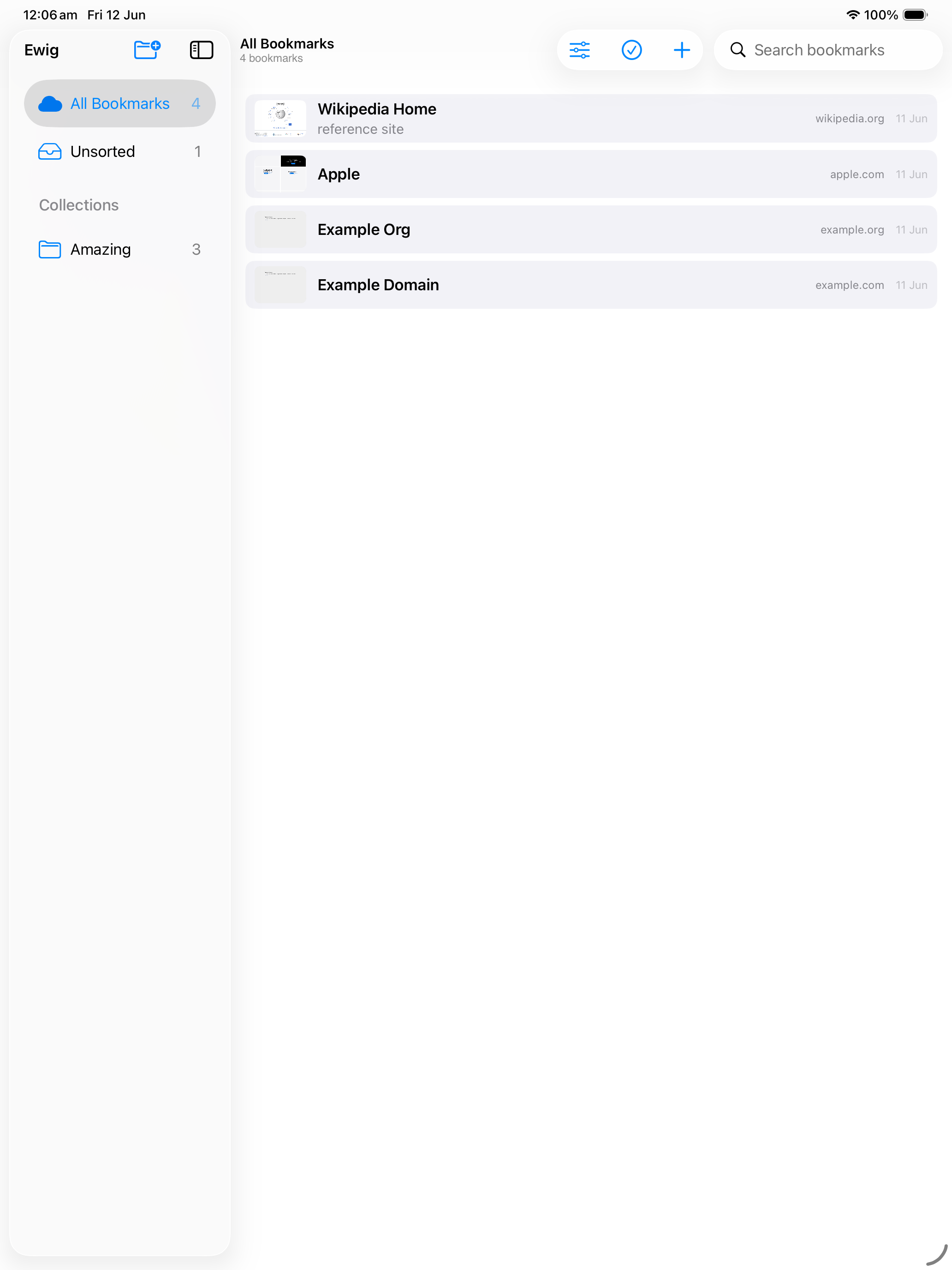 Ewig's list view showing compact bookmark rows