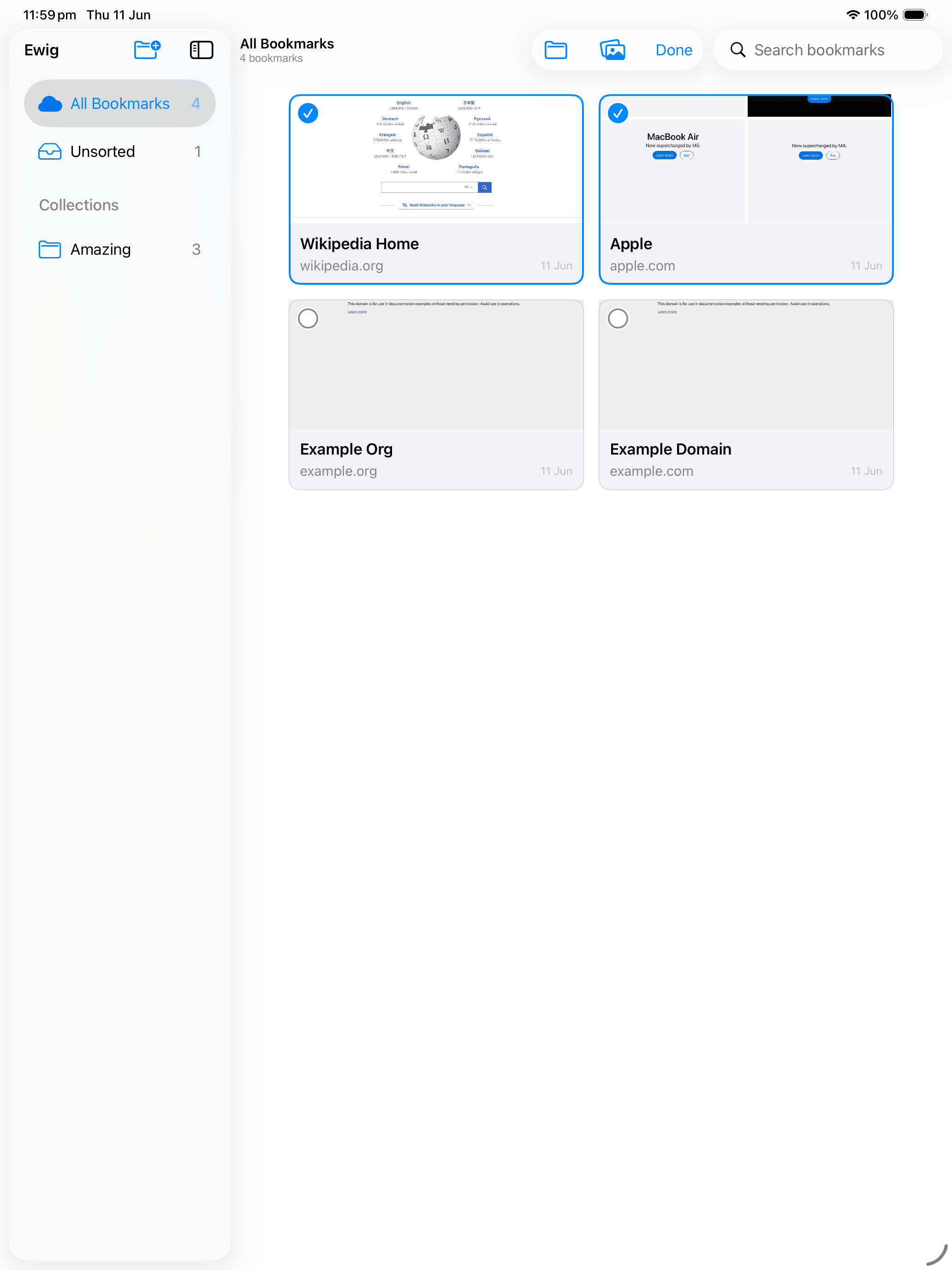 Multiple bookmarks selected in Ewig's grid on iPad