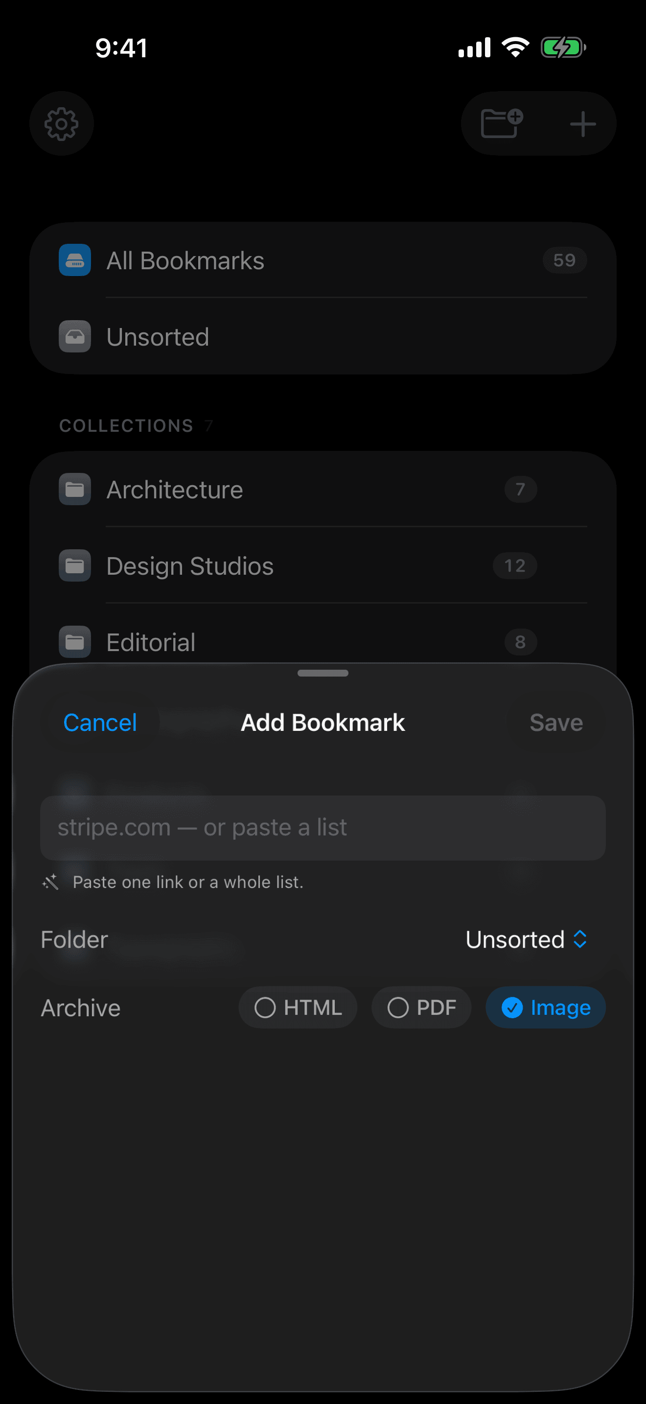 Ewig's Add Bookmark sheet on iPhone with the HTML, PDF and Image archive chips