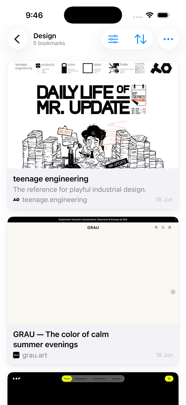 Ewig on iPhone showing a collection grid with bookmark search