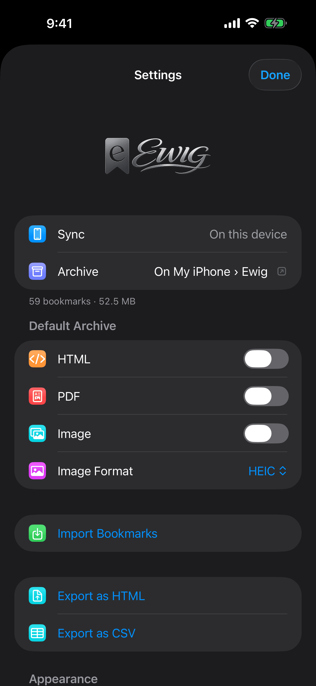 Ewig's Settings on iPhone showing the Default Archive toggles for HTML, PDF and Image