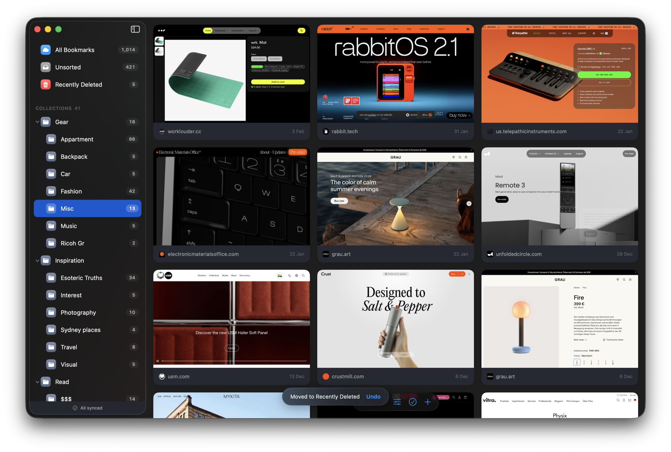 The Ewig app on Mac showing a sidebar of collections and a grid of saved bookmarks