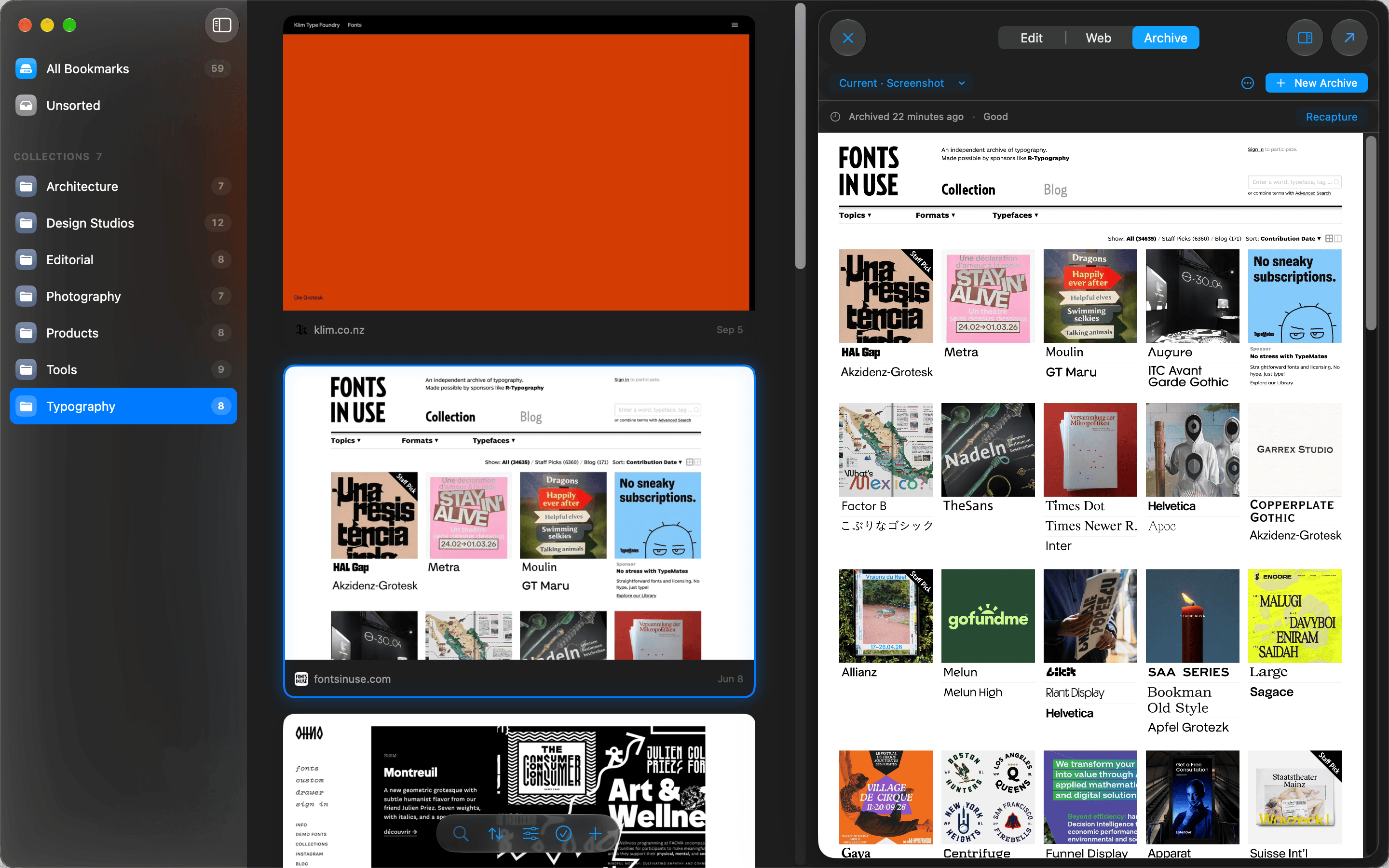 The Archive tab on Mac showing a saved snapshot, its capture verdict and the version picker