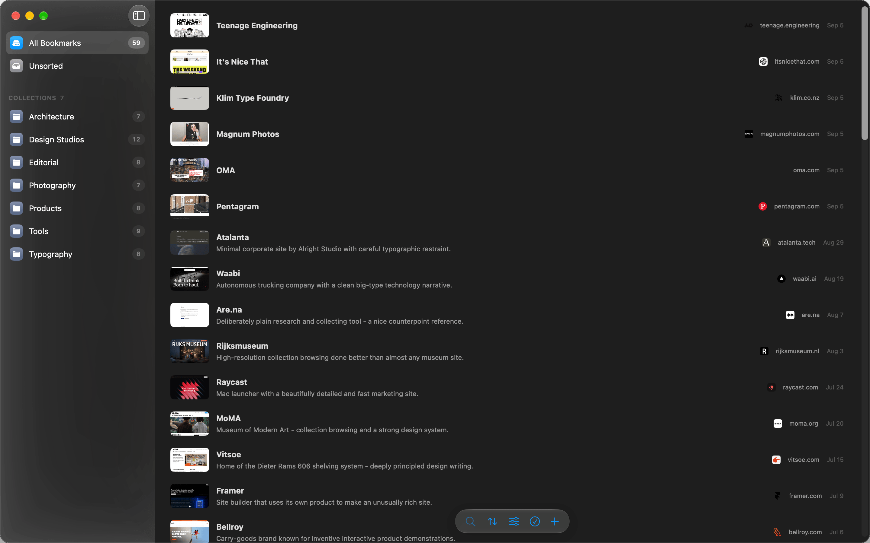 Ewig's list view on Mac showing compact bookmark rows