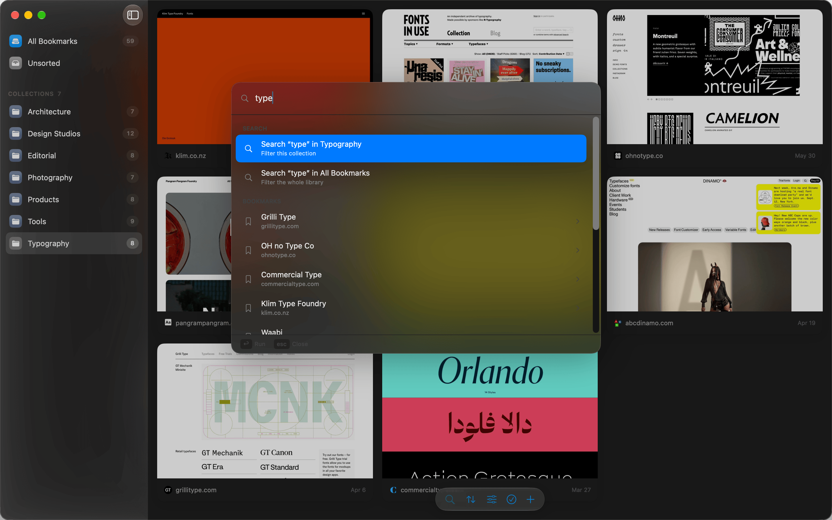 Ewig's command palette open over the library on Mac, finding bookmarks as you type
